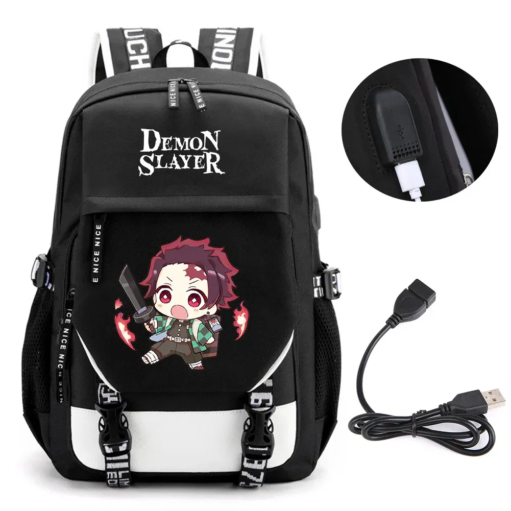 Color: Red - Anime Demon Slayer Kamado Nezuko Backpack School Book Bags Mochila Travel USB Port Bag Laptop Boy Girls Gift