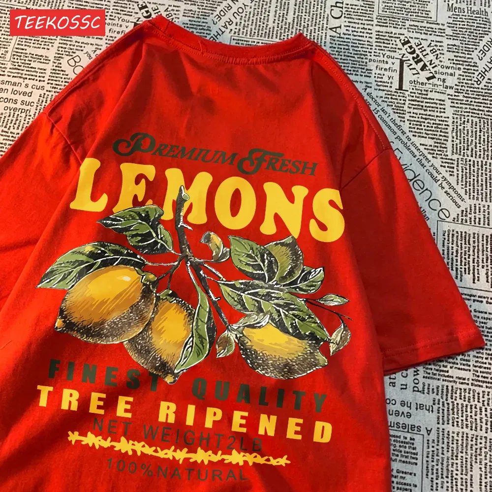 Color: Dark Brown, Size: XXL - Summer Lemon Cherries Prints T-Shirts Cotton Women's Tops Oversize O-Neck Soft Short Sleeve tees Street Casual Womans Clothes