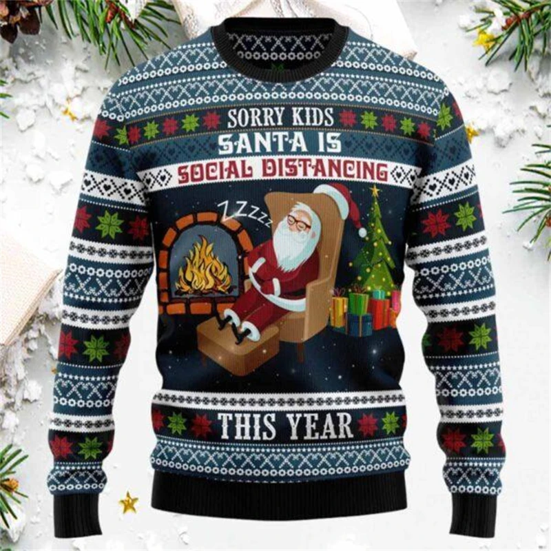 Color: GRAY, Size: XXXL - Funny Santa Claus Graphic Ugly Christmas Sweater 2026 Men Fashion Autumn Winter 3D Printed Sweatshirt Casual Oversized Pullovers