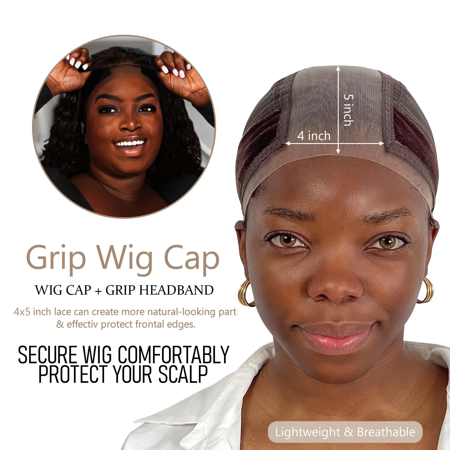 Color: Dark Brown - Wig Cap with Grip Band for Keeping Wigs in Place, More Full Cap-wide Transparent Lace for Lace Front Wigs