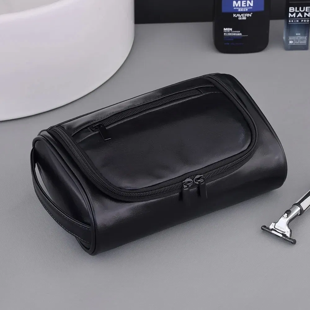Color: Blue - High Quality Travel Toiletry Bag For Women Men Retro PU Leather Cosmetic Bags Female Waterproof Travel Makeup Bag