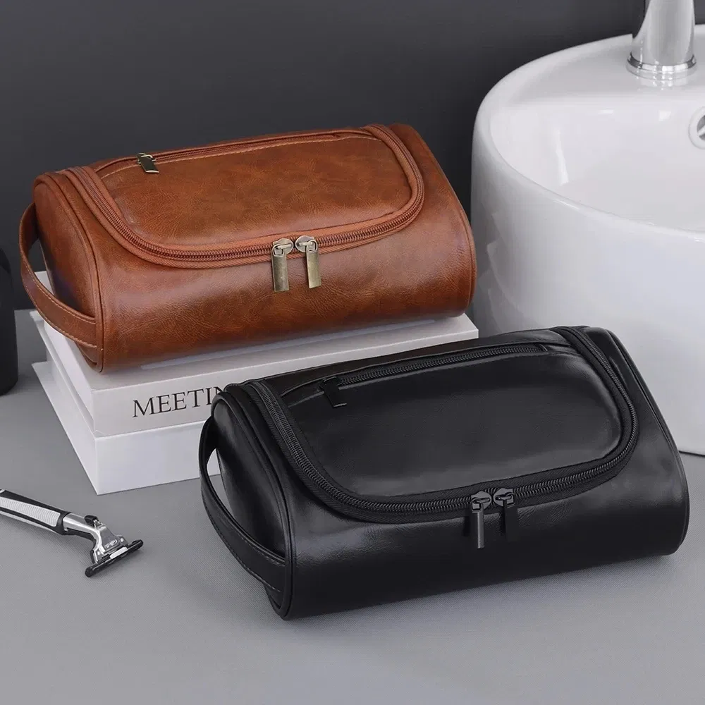 Color: Blue - High Quality Travel Toiletry Bag For Women Men Retro PU Leather Cosmetic Bags Female Waterproof Travel Makeup Bag