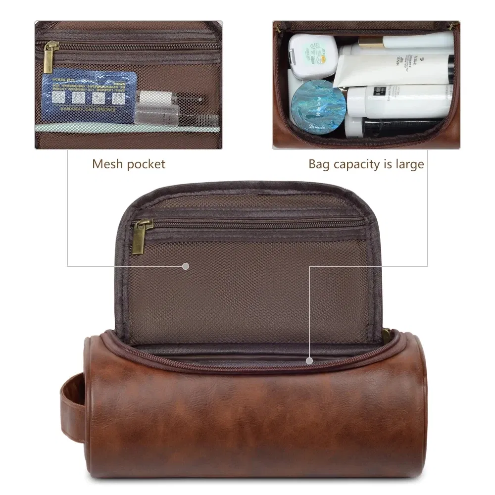 Color: Blue - High Quality Travel Toiletry Bag For Women Men Retro PU Leather Cosmetic Bags Female Waterproof Travel Makeup Bag
