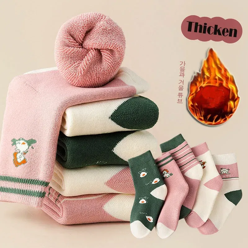 Color: Beige, Size: 4-6T - Girls' Winter Socks 5 Pairs Baby Warm Winter Socks Cute Cartoon Duck Pattern Medium Sock Thick Cotton Socks