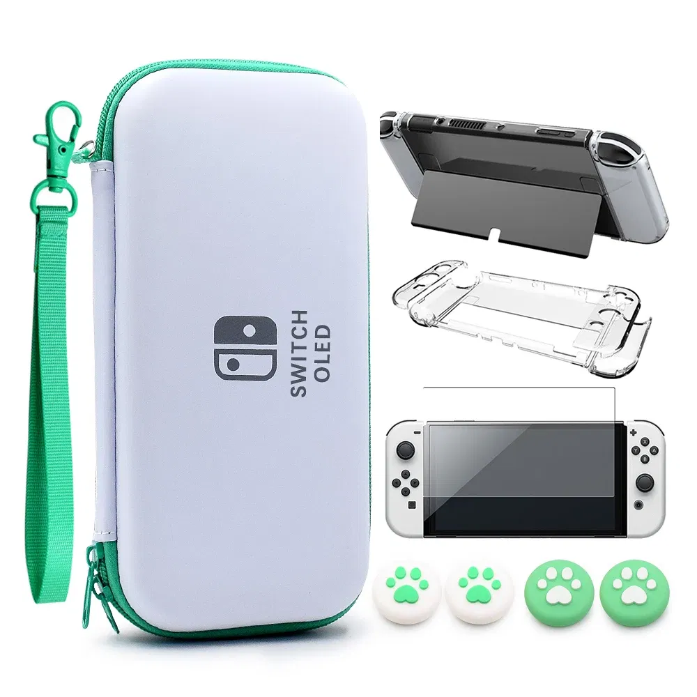 Color: apple green - Case Kit For Nintend Switch OLED Console Carrying Case Protective Pouch Hard Shell Clear Cover For Switch Oled WIth Film Glass