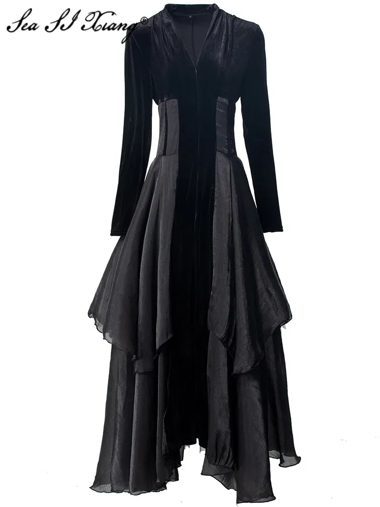 Seasixiang Black Velvet Patchwork Dress For Women V-Neck Long Sleeves Lace-up Elegant Party Long Dresses Fashion Autumn Female