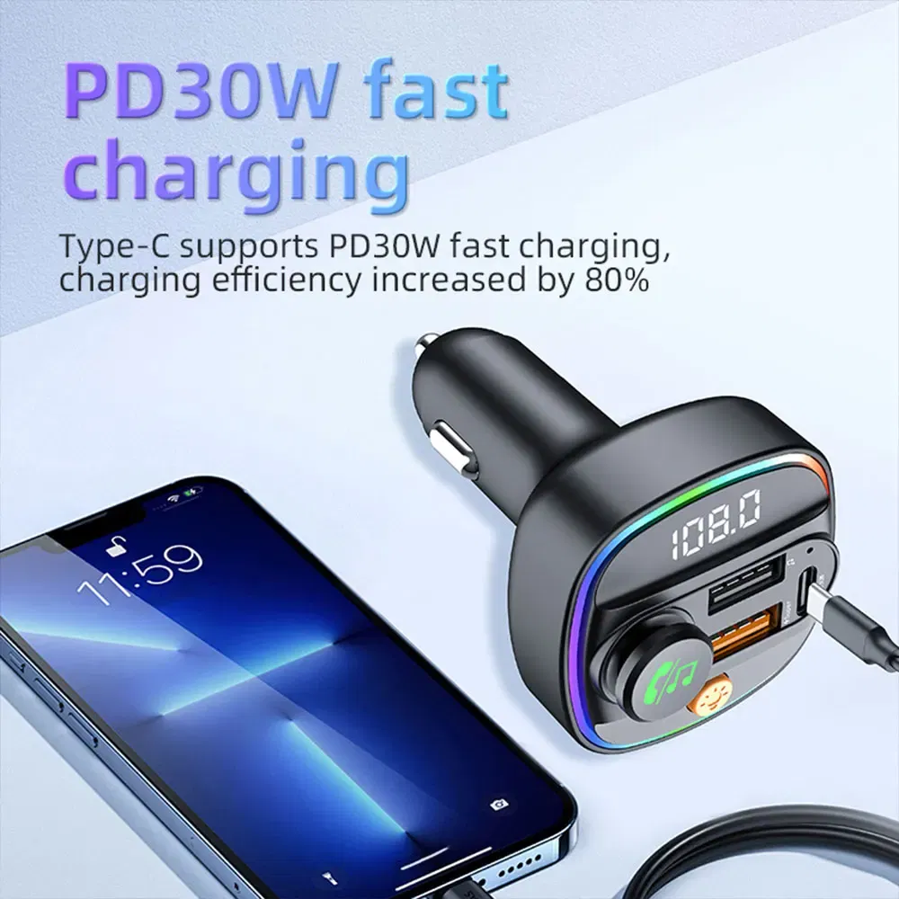 Color Name: GRAY, Ships From: CHINA - Bluetooth 5.3 FM Transmitter Handsfree Car AUX Radio Modulator MP3 Player with 22.5W & PD30W Fast Charge Adapter Car Accessories