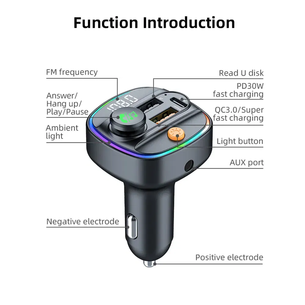 Color Name: GRAY, Ships From: CHINA - Bluetooth 5.3 FM Transmitter Handsfree Car AUX Radio Modulator MP3 Player with 22.5W & PD30W Fast Charge Adapter Car Accessories
