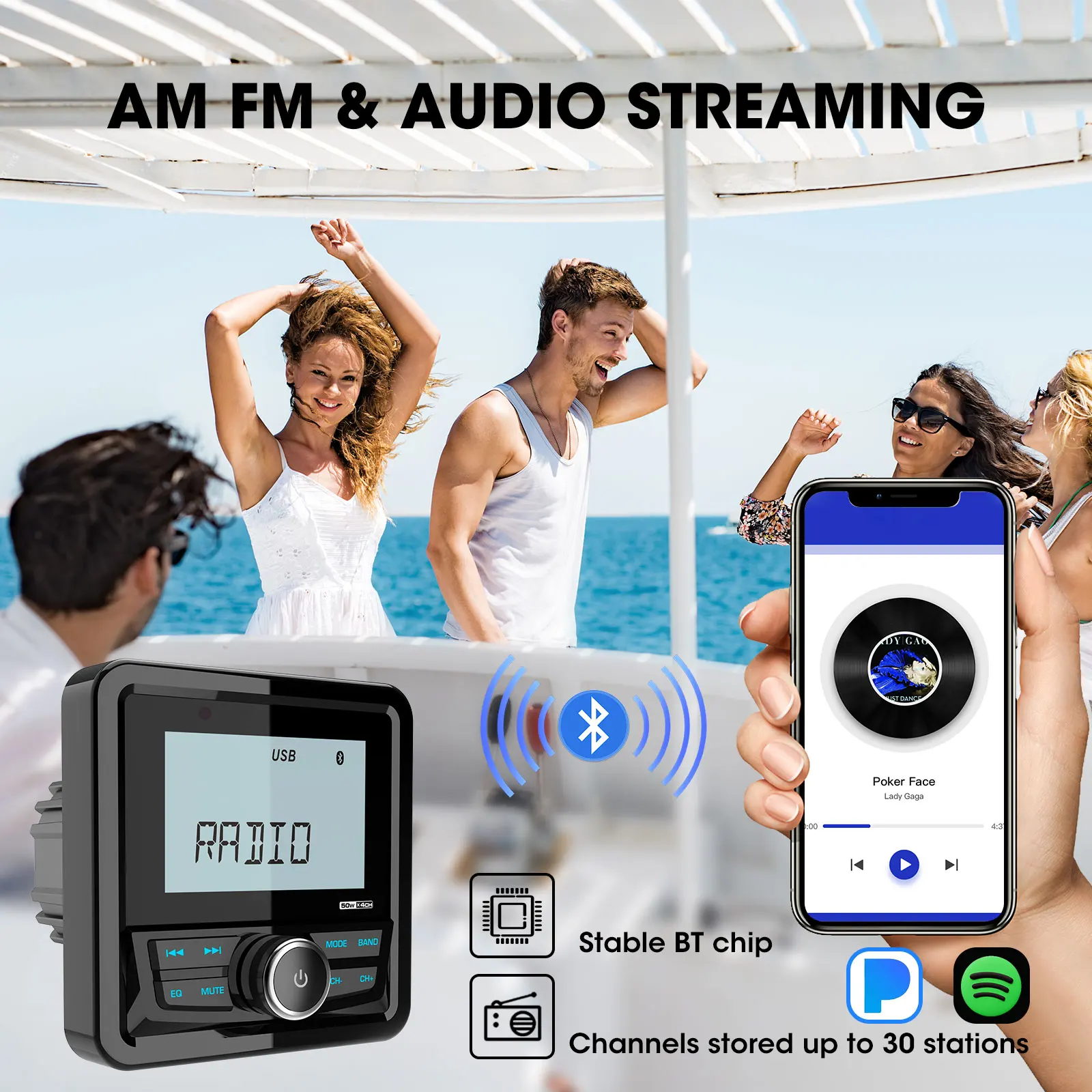 Ships From: CHINA - GRANDnavi Marine Radio Boat Stereo Bluetooth FM AM Digital Media Audio Player Waterproof For Yacht ATV UTV Golf Cart Motorcycle