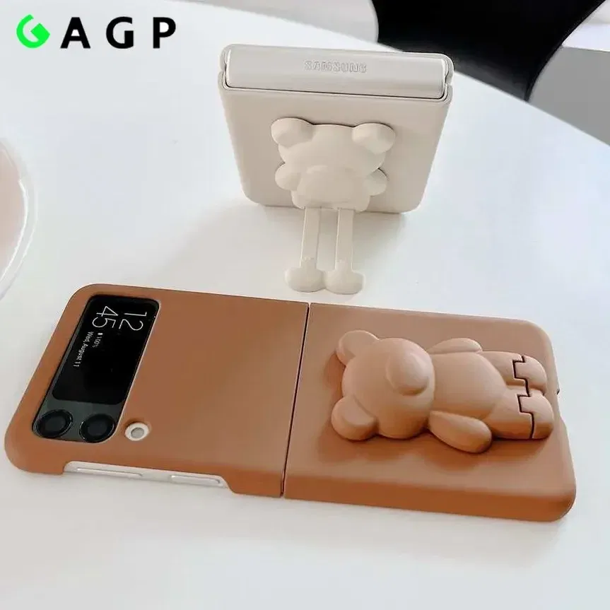 Color: Yellow, Material: ABS - 3D Bear Bracket Kickstand Cute Case For Samsung Galaxy Z Flip 5 4 3 Hard Phone Case For Samsung Z Flip 3 4 Flip5 ZFlip4 Cover