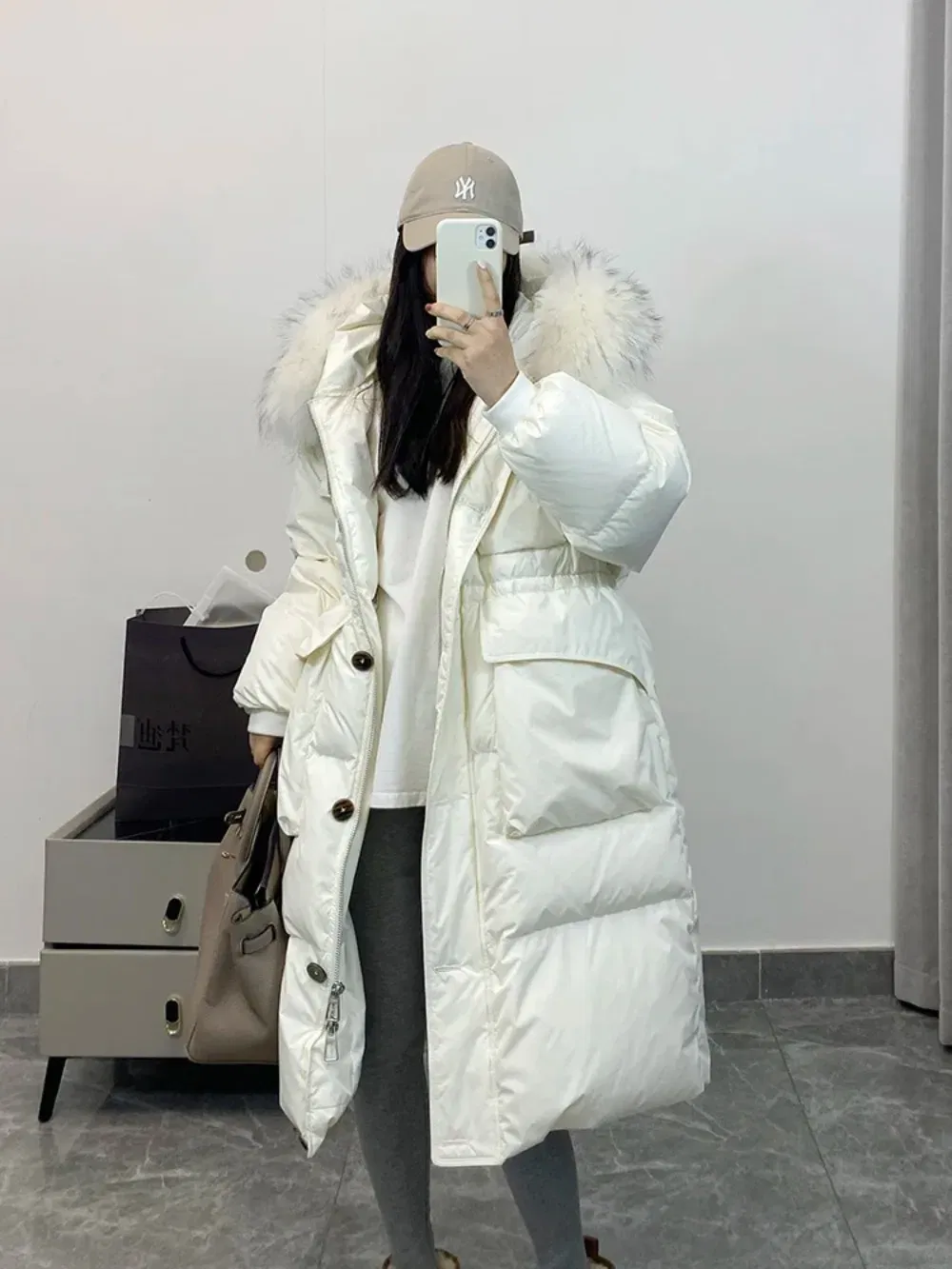 Color: WHITE, Size: S - Down Jacket Women Waterproof Winter Long Puffer Jacket 2024 Real Raccoon Fur Hooded Duck Down Coat Female Rain Feather Parkas