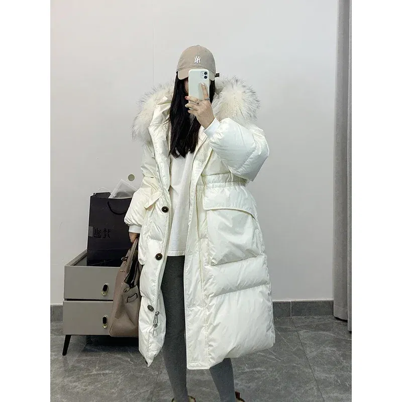 Color: WHITE, Size: S - Down Jacket Women Waterproof Winter Long Puffer Jacket 2024 Real Raccoon Fur Hooded Duck Down Coat Female Rain Feather Parkas