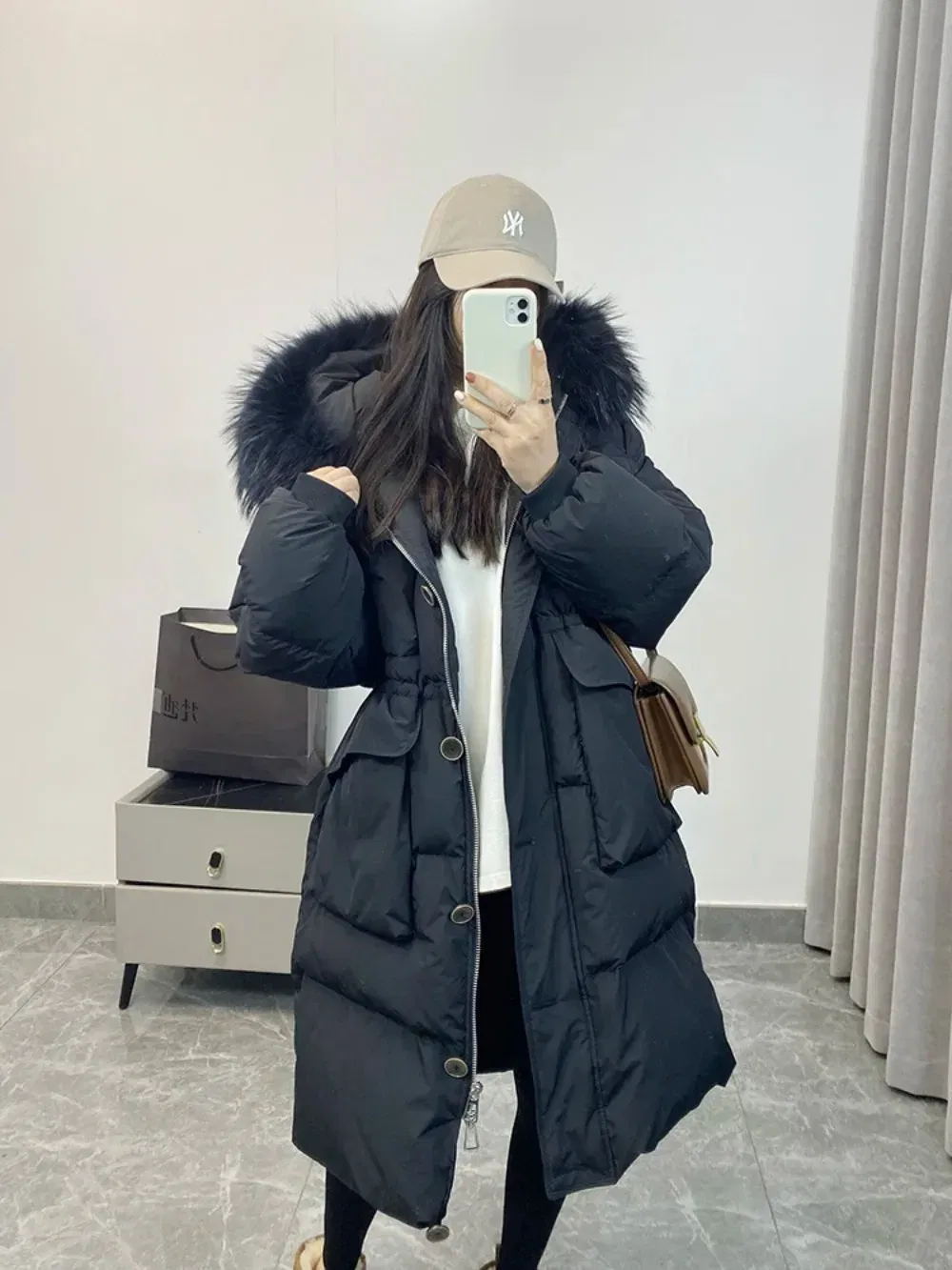 Color: WHITE, Size: S - Down Jacket Women Waterproof Winter Long Puffer Jacket 2024 Real Raccoon Fur Hooded Duck Down Coat Female Rain Feather Parkas