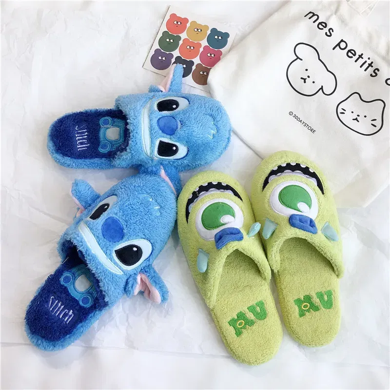Color: Olivine, Shoe Size: 36 - Cartoon Sulley Mike Slippers Cute Girl Warm Home Slippers Women Indoor Slippers Blue Duck Kawaii Non-slip Slippers Gifts EU36-41