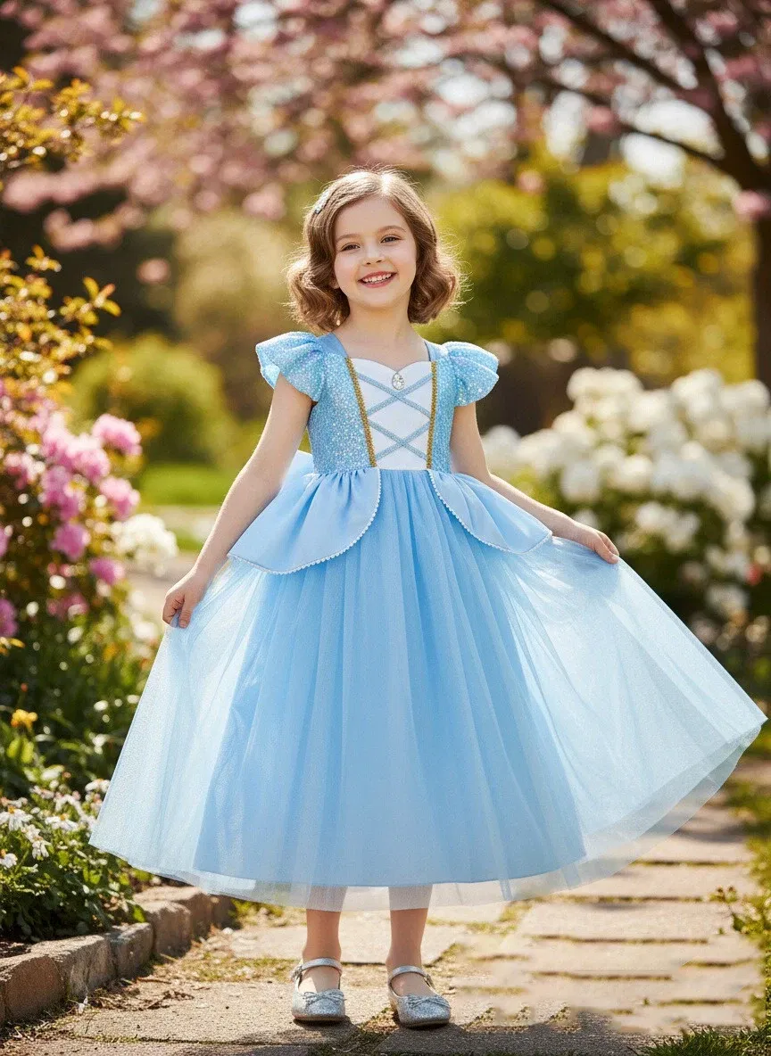 Color: WHITE, Kid Size: 14 - Disney Deluxe Elegant Rapunzel Princess Ball Gown Fancy Birthday Party Dress Cinderella Vestidos Costume Play Carnival Apparel