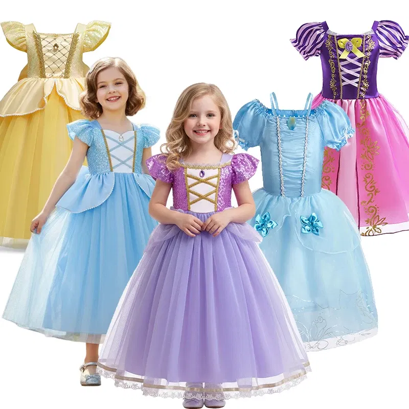 Color: WHITE, Kid Size: 14 - Disney Deluxe Elegant Rapunzel Princess Ball Gown Fancy Birthday Party Dress Cinderella Vestidos Costume Play Carnival Apparel