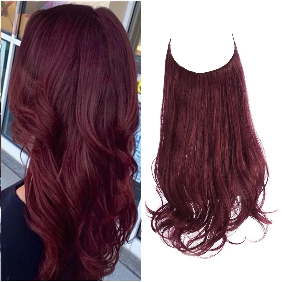 Color: T1B/Burgundy, Stretched Length: 18inches - Synthetic No Clip Wave Hair Extensions Ombre Natural Black Blonde Pink One Piece False Hairpiece Fish Line Fake Hair Piece