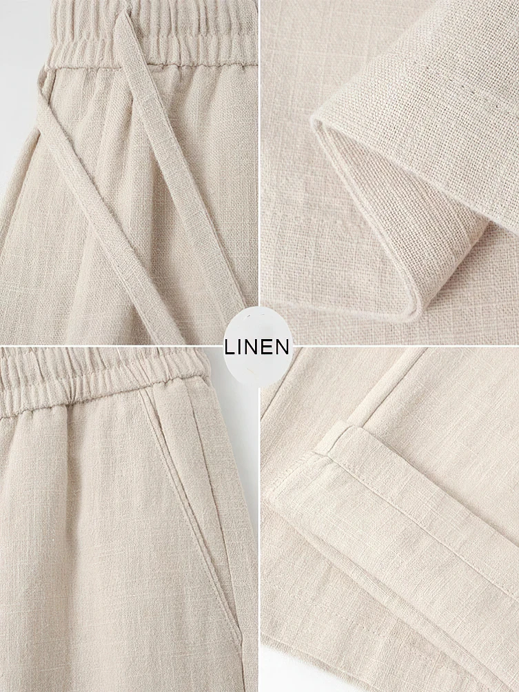 Color: Beige, Size: XL - Straight Casual Cotton Linen Pants Men Wide Leg Lightweight Baggy Cotton Sweatpants Male Walking Jogger Trousers Work