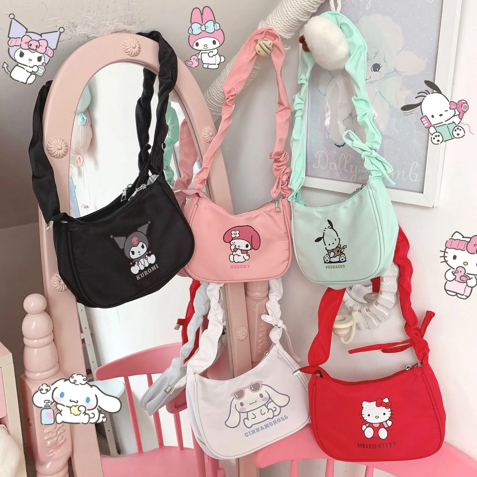 Color: black, Size: Extra Large - Sanrio Hellokitty Kuromi Cinnamorol Mymelody Pochacco Armpit Bag Kawaii Shoulder Bag Casual Allmatch Tote Women Commuter Handbag