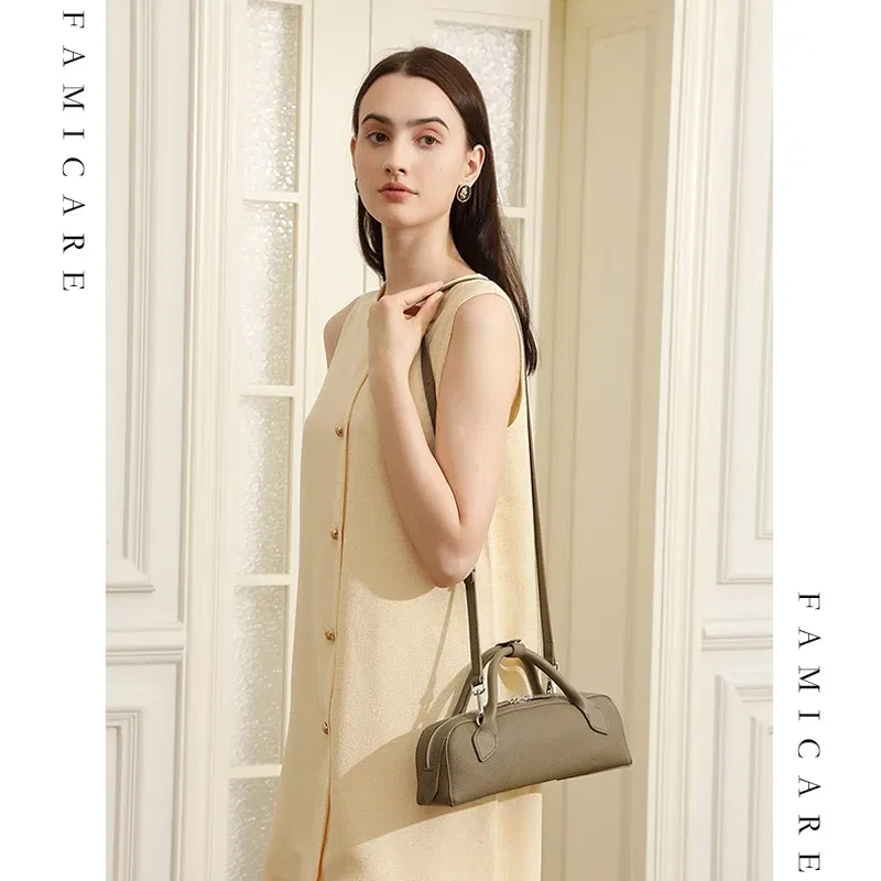 New Women's Solid Color Genuine Leather Handbag Lady Large Cpacity Sausage Armpit Bag Girls Commuting Single Shoulder Crossbody
