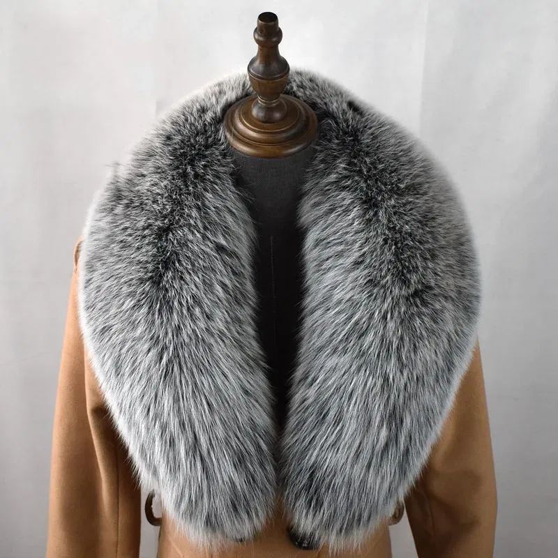 Color: Navy Blue, Size: S - 100% Natural Real Fox Fur Collar For Women Men Coat Jacket Fur Scarf Winter Extra Large Size Neck Warmer Fur Scarf Shawls Wraps