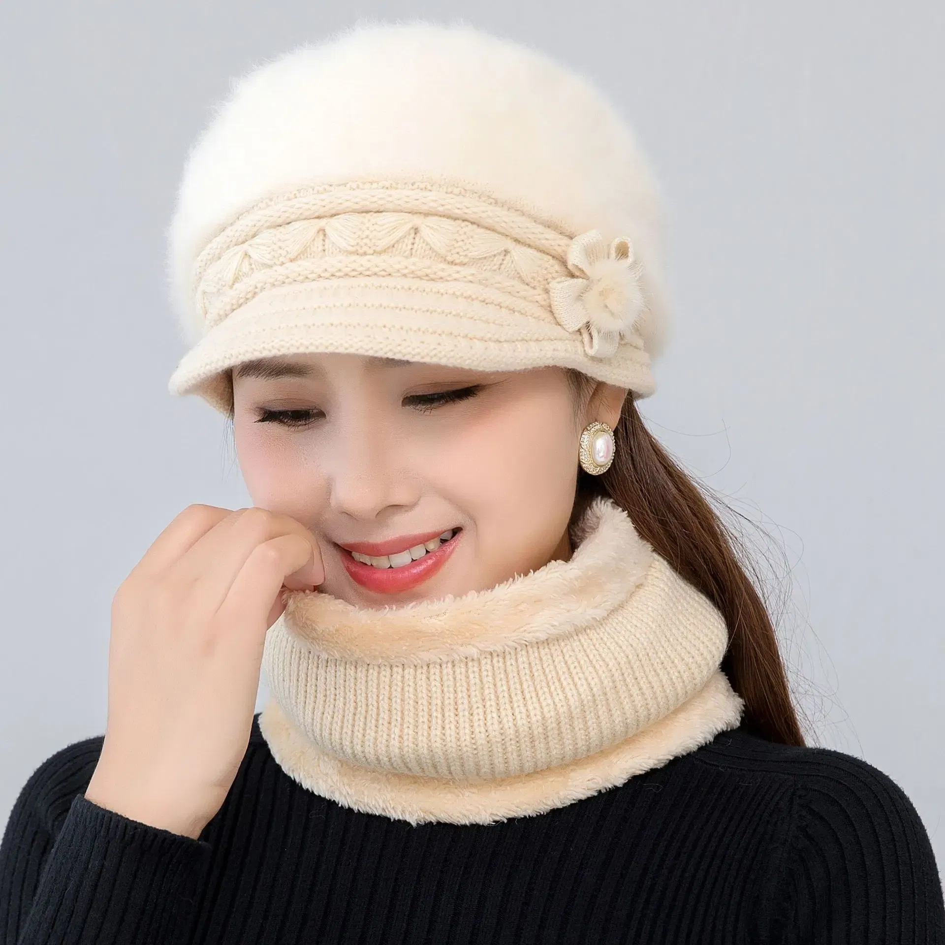Color: Red - New Women Winter Hat Keep Warm Cap Add Fur Lined Hat & Scarf Warm Set Fashion Hat For Women Casual Faux Fur Flower Knitted Hat