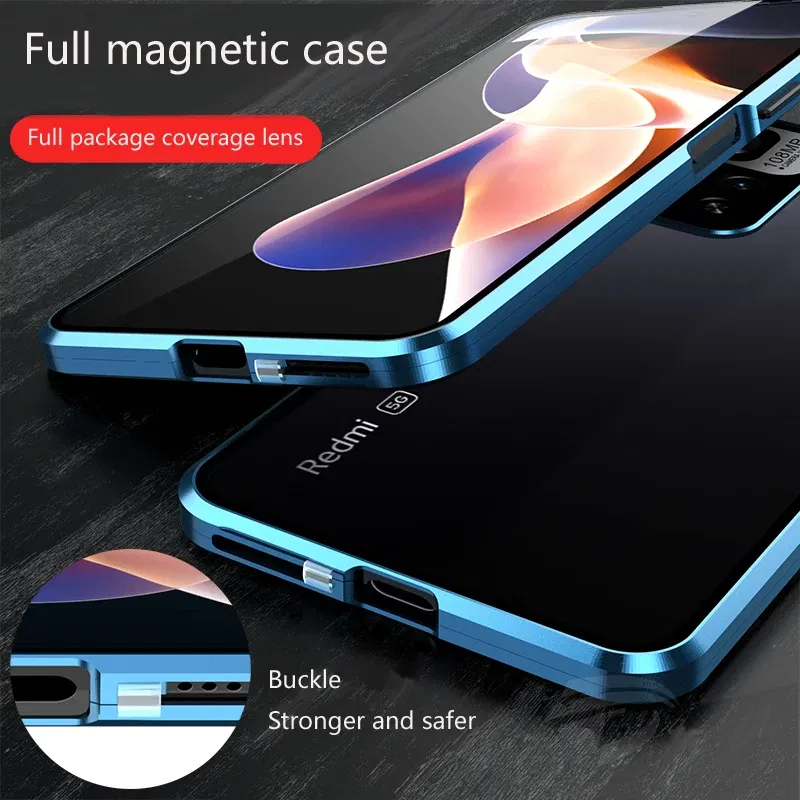 Color: green, Bundle: Case & Screen Protector, Material: aluminum - Full Protection Case Metal Magnetic Double Sided Glass Snap Lock Case For XiaoMi Redmi Note 13 Pro Plus 5G Bumper Phone Cover