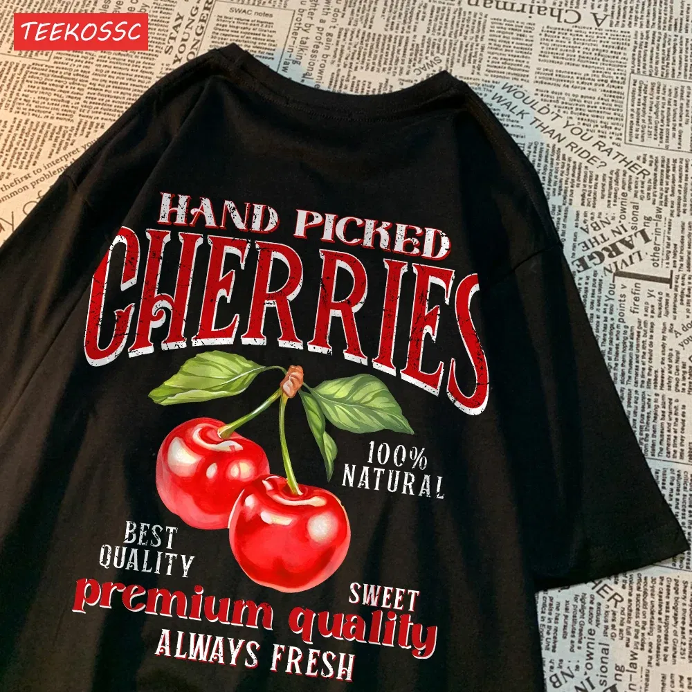 Color: Dark Grey, Size: M - Summer Lemon Cherries Prints T-Shirts Cotton Women's Tops Oversize O-Neck Soft Short Sleeve tees Street Casual Womans Clothes
