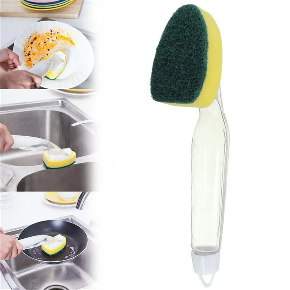 Color: Blue - Replaceable Liquid Soap Dispenser Kitchen Cleaning Tool Long Handle Brush With Automatic Refill Liquid Sponge Wash Dish Scrubber