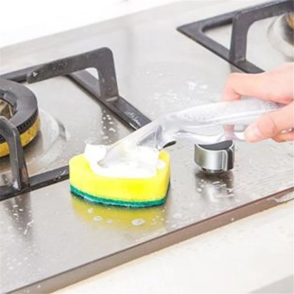 Color: Blue - Replaceable Liquid Soap Dispenser Kitchen Cleaning Tool Long Handle Brush With Automatic Refill Liquid Sponge Wash Dish Scrubber
