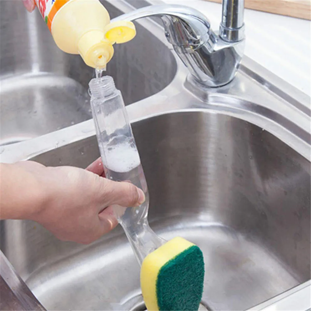 Color: Blue - Replaceable Liquid Soap Dispenser Kitchen Cleaning Tool Long Handle Brush With Automatic Refill Liquid Sponge Wash Dish Scrubber