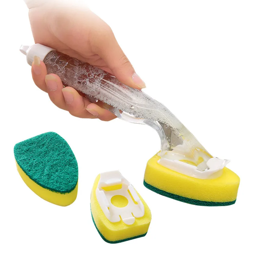 Color: Blue - Replaceable Liquid Soap Dispenser Kitchen Cleaning Tool Long Handle Brush With Automatic Refill Liquid Sponge Wash Dish Scrubber
