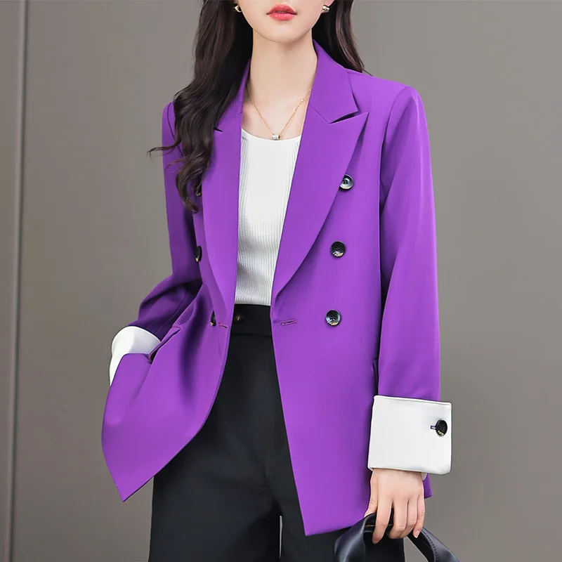 Tesco Solid Blazer Suit For Women Full Sleeve Loose Jacket Double Breasted? White Cuff Fashion Coat For Female Wear ropa de mujer