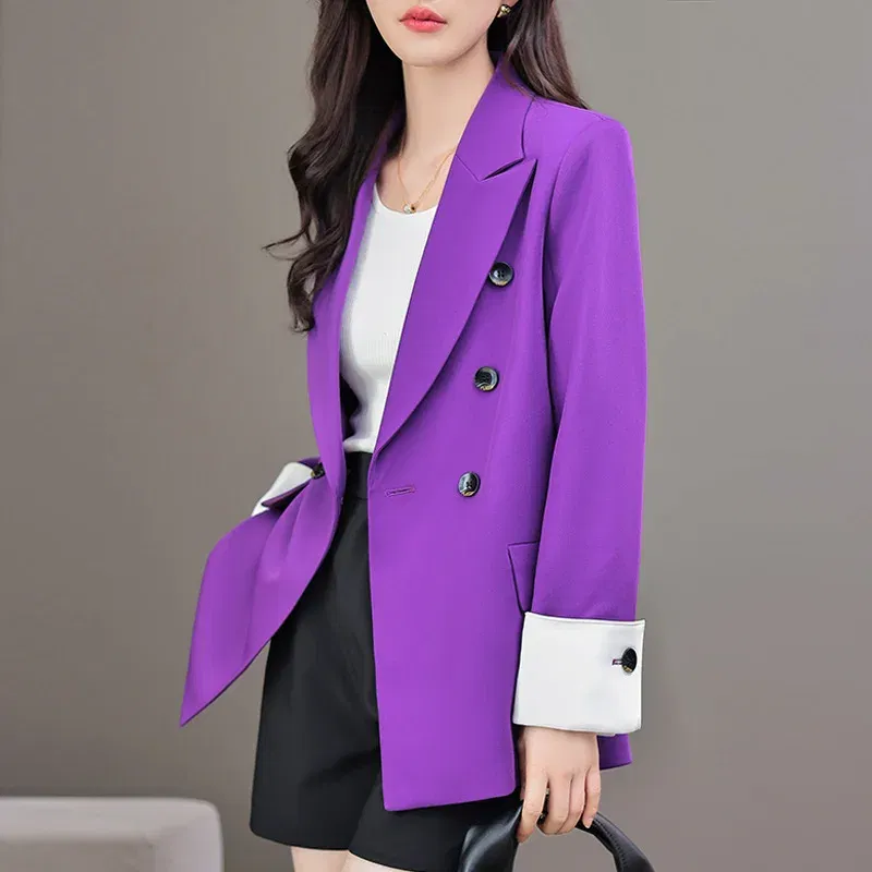 Tesco Solid Blazer Suit For Women Full Sleeve Loose Jacket Double Breasted? White Cuff Fashion Coat For Female Wear ropa de mujer