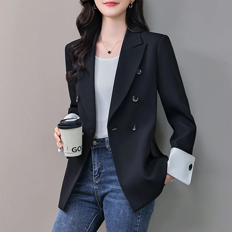 Tesco Solid Blazer Suit For Women Full Sleeve Loose Jacket Double Breasted? White Cuff Fashion Coat For Female Wear ropa de mujer