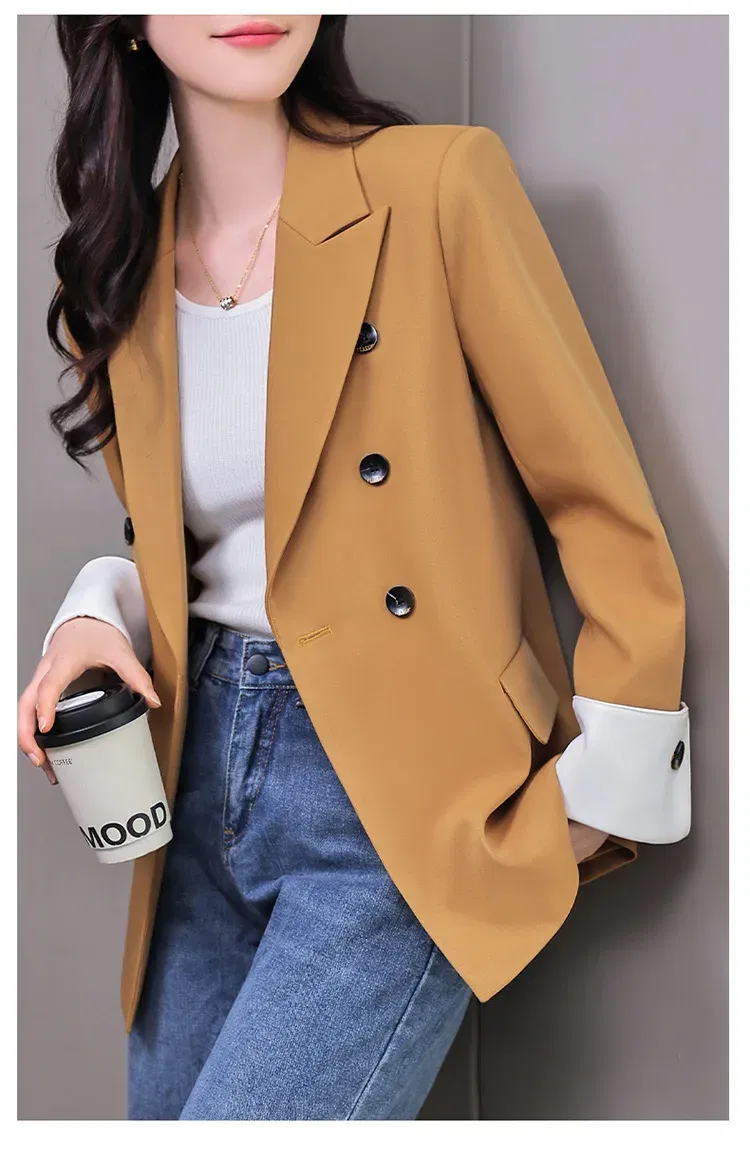 Tesco Solid Blazer Suit For Women Full Sleeve Loose Jacket Double Breasted? White Cuff Fashion Coat For Female Wear ropa de mujer