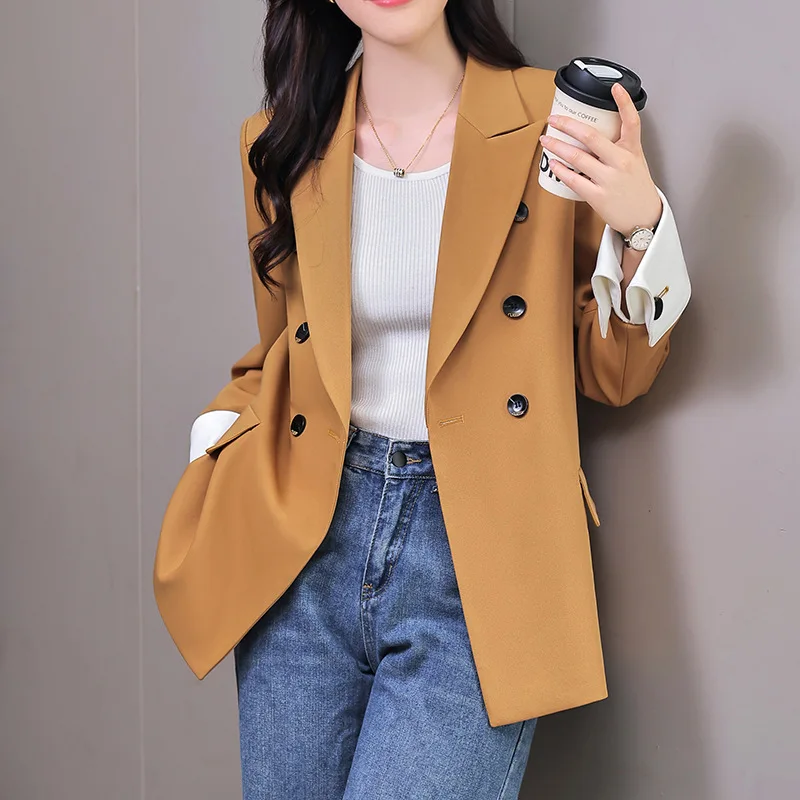 Tesco Solid Blazer Suit For Women Full Sleeve Loose Jacket Double Breasted? White Cuff Fashion Coat For Female Wear ropa de mujer