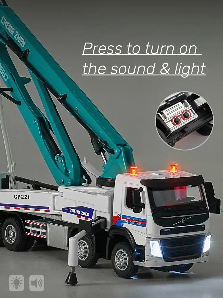 Color: WHITE - 1/50 Volvo Concrete Pump Truck Toy Car Diecast Meatl Vehicle Model Pull Back Sound & Light Miniature Collection Gift For Boy Kid