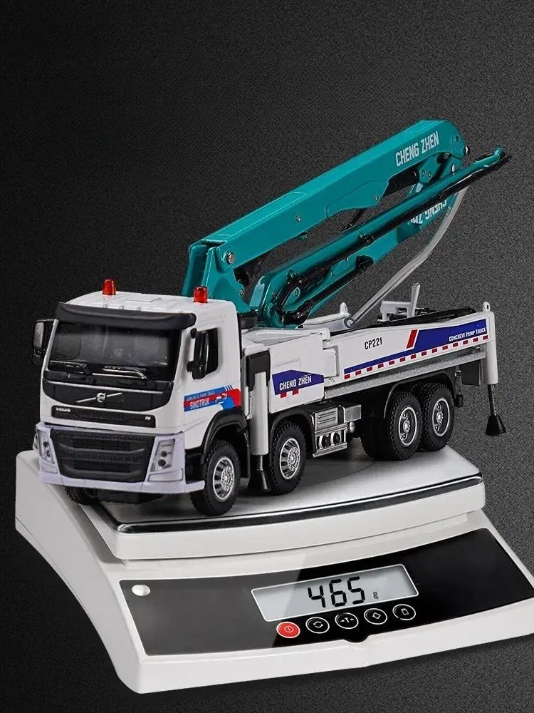 Color: WHITE - 1/50 Volvo Concrete Pump Truck Toy Car Diecast Meatl Vehicle Model Pull Back Sound & Light Miniature Collection Gift For Boy Kid