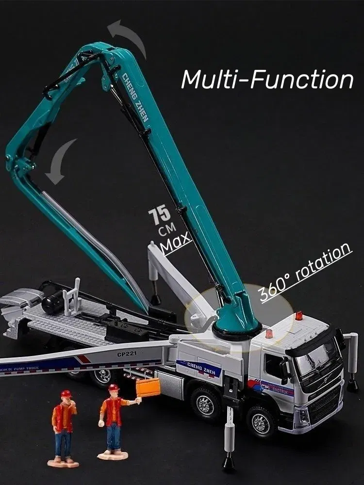 Color: WHITE - 1/50 Volvo Concrete Pump Truck Toy Car Diecast Meatl Vehicle Model Pull Back Sound & Light Miniature Collection Gift For Boy Kid