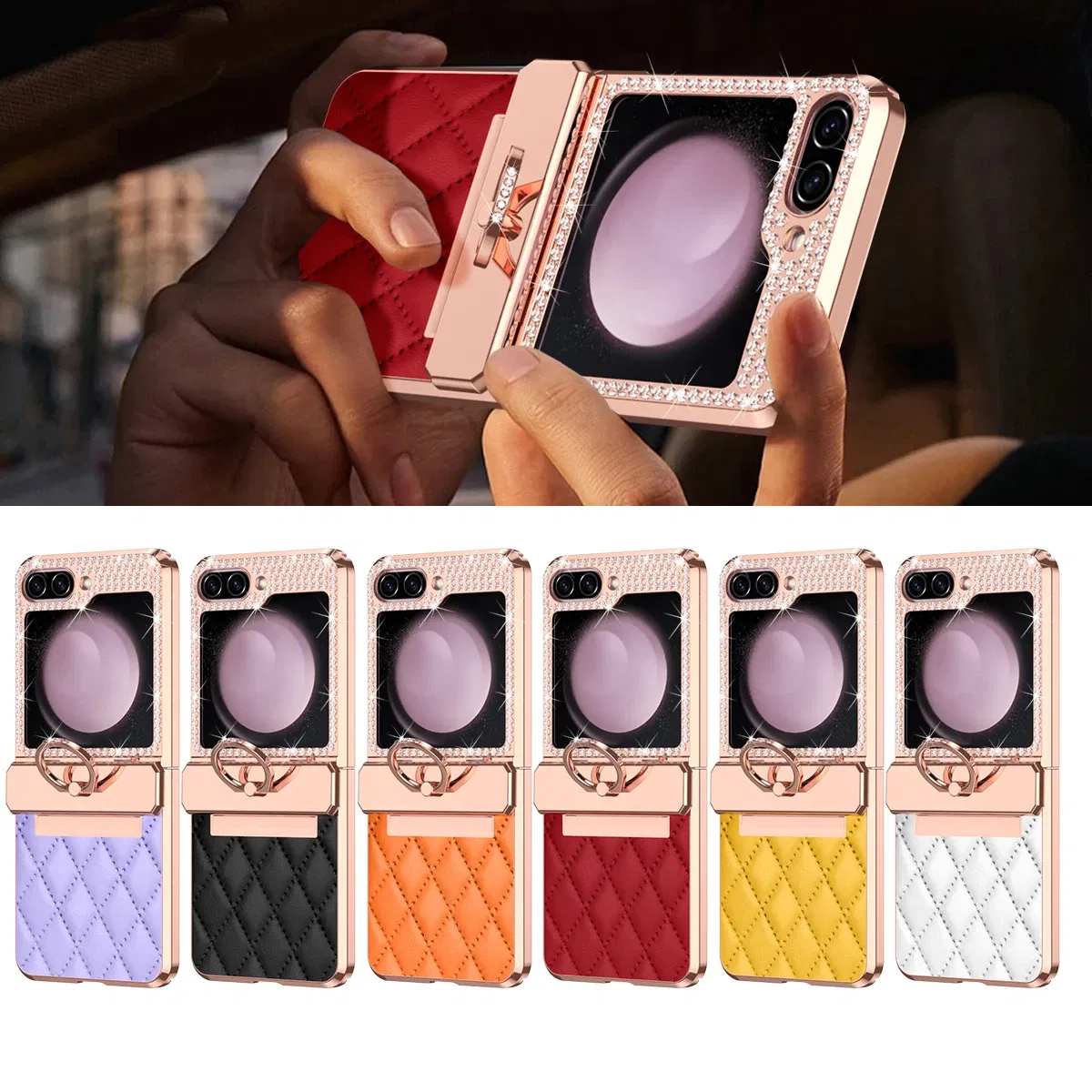 Color: GRAY, Material: Canvas - Diamonds Leather Plating Ring Holder Case For Samsung Galaxy Z Flip 5 4 3 5G Shockproof Hinge Protection Cover For Z Flip5