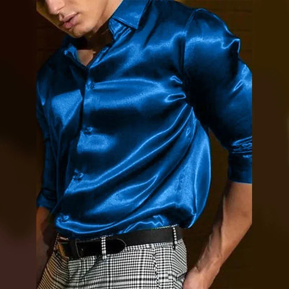 Color: black, Size: XL, Ships From: CHINA - Casual Men's Satin Silk Dress Shirts Long Sleeve Social Single Breasted Button Turn-Down Collar Shirts Wedding Party Men Clothes