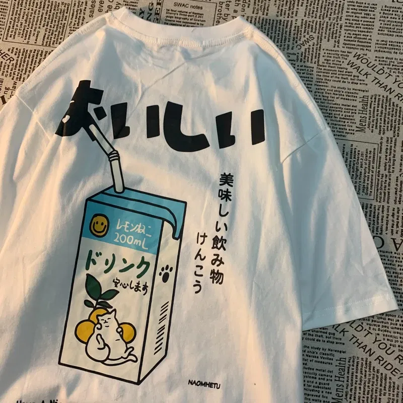 Color: SKY BLUE, Size: S - Cute Japanese Cat Print Oversized T-shirt men Women Short Sleeve Loose Casual Tee Shirt Streetwear Tops Cotton Harajuku Clothing