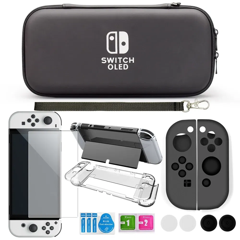 Color: black - Case Kit For Nintend Switch OLED Console Carrying Case Protective Pouch Hard Shell Clear Cover For Switch Oled WIth Film Glass