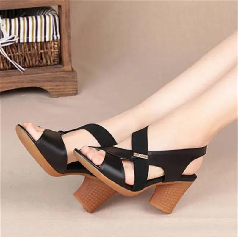 Color: black, Shoe Size: 36 - New Mid-heel Sandals Women Summer Shoes Comfortable High Heels Thick Heel Peep Toe Non-slip Soft Bottom Mother Shoes Slip-On