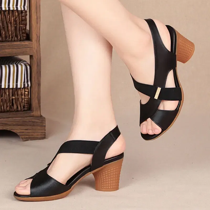 Color: black, Shoe Size: 36 - New Mid-heel Sandals Women Summer Shoes Comfortable High Heels Thick Heel Peep Toe Non-slip Soft Bottom Mother Shoes Slip-On