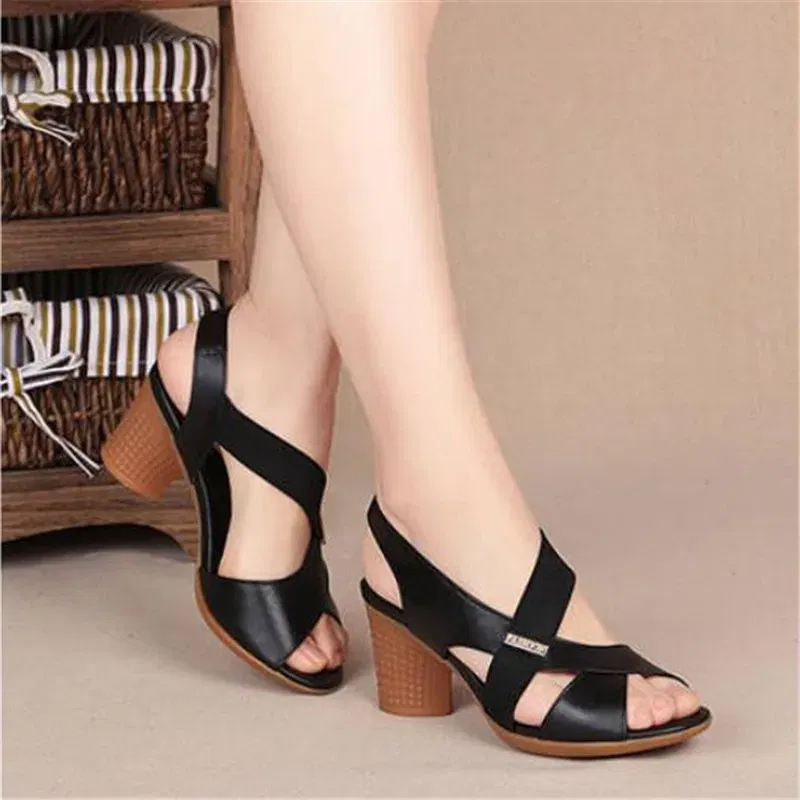 Color: black, Shoe Size: 36 - New Mid-heel Sandals Women Summer Shoes Comfortable High Heels Thick Heel Peep Toe Non-slip Soft Bottom Mother Shoes Slip-On