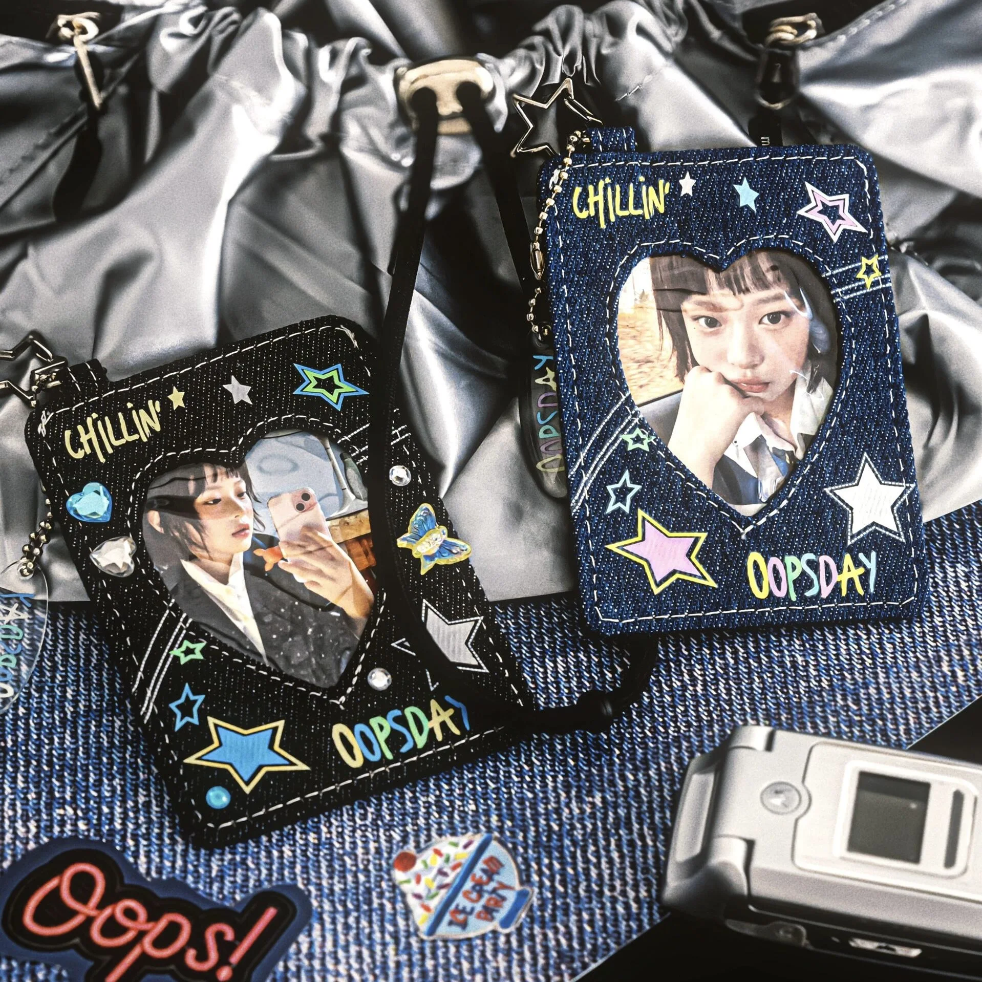 Color: WHITE - Y2K Style Jeans 3Inch Photocard Holder for 3 Inch Photo Cool Girl Cards Holder with Keychain K-Pop Idol Photocard Case