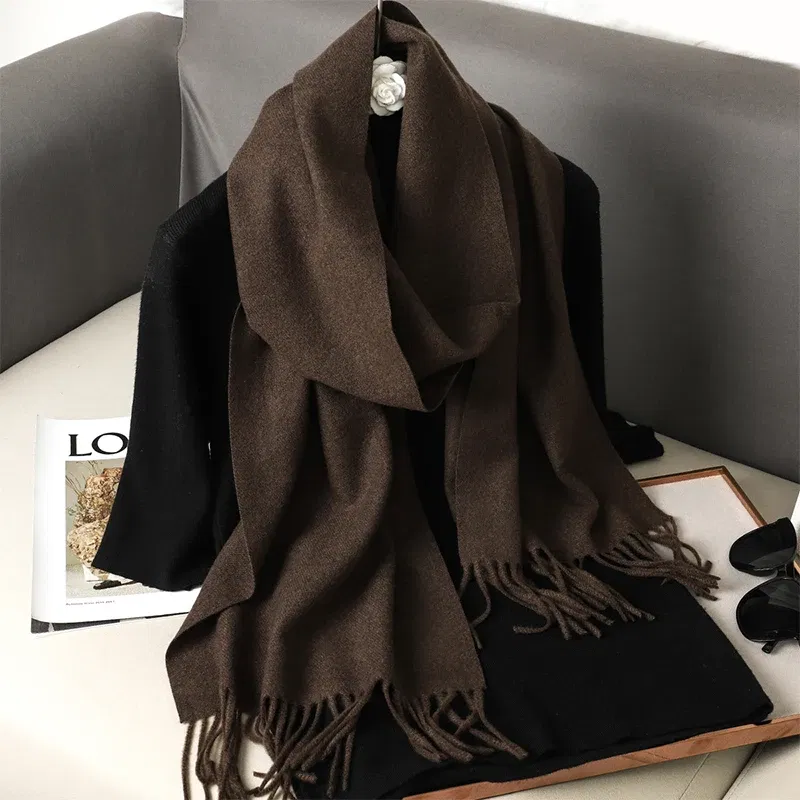 Color: Chocolate - New 62 Color Winter Scarf For Women Long Warm Cashmere Scarves Hijab Solid Lady Shawl Wrap Female Pashmina Bandana Head Scarfs