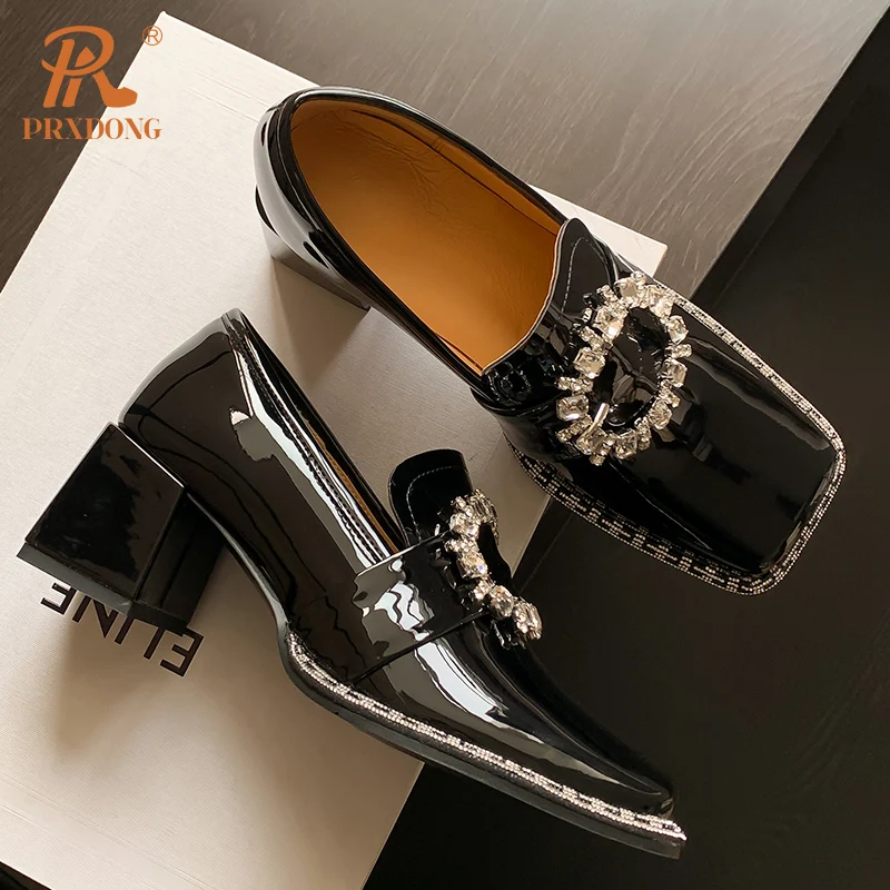 Color: Beige, Shoe Size: 39, Ships From: CHINA - PRXDONG New Arrivals Genuine Leather Spring Summer Women Pumps Square Med Heel Crystal Black White Dress Party Office Lady Shoes